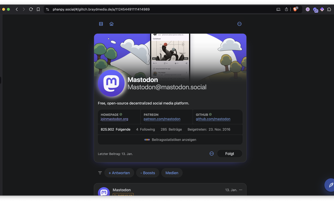 A screenshot of the third party Mastodon web client phanpy.social.